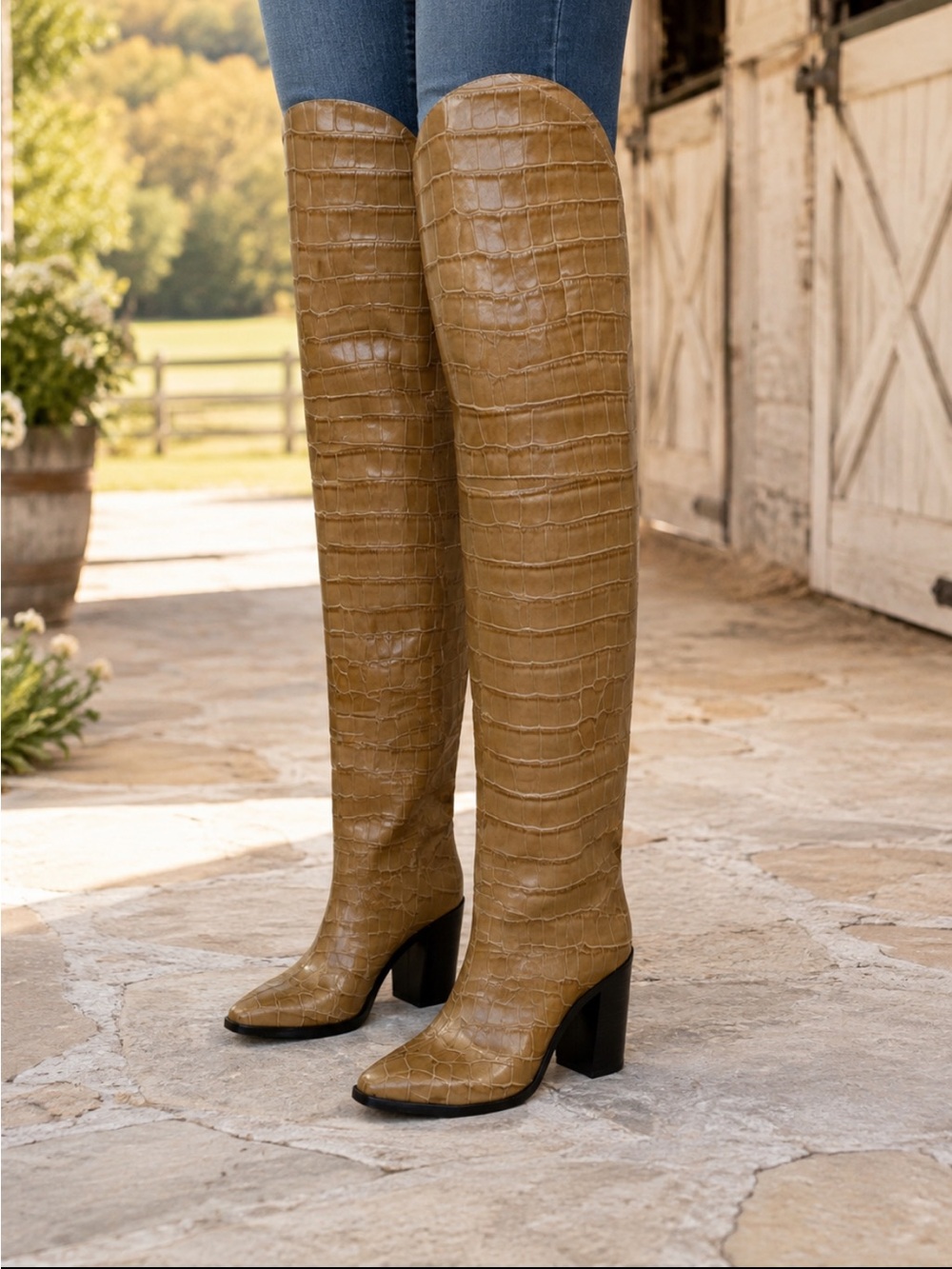 Gorgeous Schultz Tan Croc-Embossed Over the Knee Boots❤️6